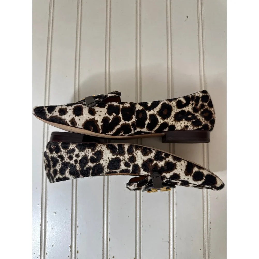 Tory Burch Metal Miller 15 mm Loafers Women 6M Brown Leopard Calf Hair Gold Logo